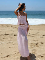 Women Pant Set Sheer Layers Spaghetti Strap Backless Lace Top Straps Solid Loose Straight Elastic Hem Fashion Beach Chic Suits
