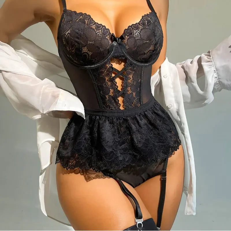 Sexy Lingerie Lace Bra And Panty Set Exotic Costumes Sensual Transparent Lace Erotic Apparel Porn Sex Outfit Top and Briefs