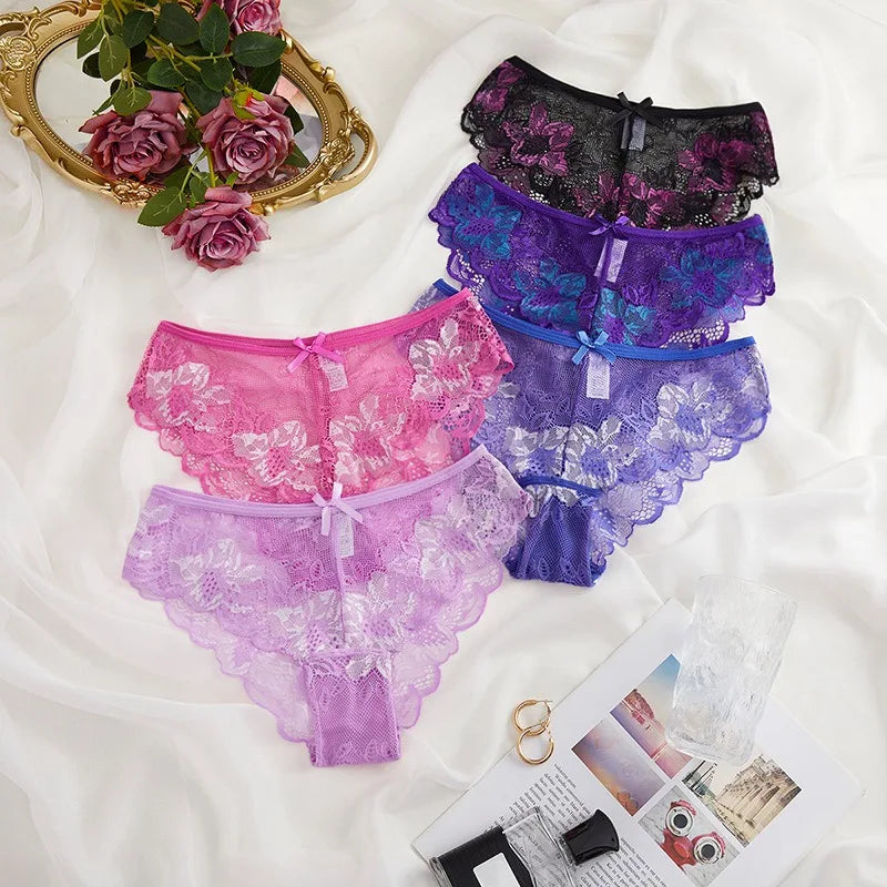5pcs Lace Sexy Women Panties Mid Waist Perspective Floral Ladies Briefs Breathable Comfortable Female Underwear