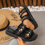 2026 New Flowers Embroidery Platform Slippers Women Fashion Denim Thick Bottom Sandles Woman Plus Size 43 Non Slip Beach Sandals