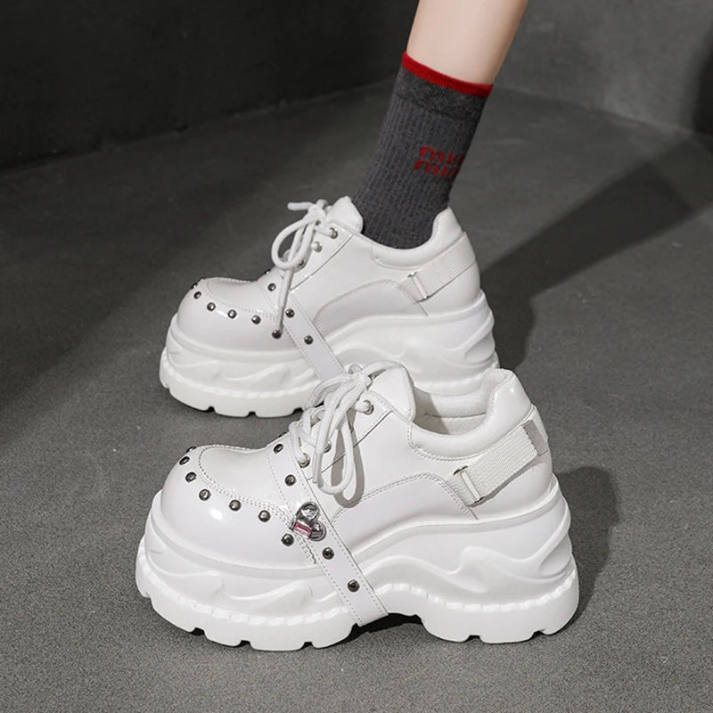 2026 Chunky Platform Punk Sneakers Women Belt Decor Lace Up Thick Bottom Vulcanized Shoes Woman Heighten Rivets Goth Shoes Mujer