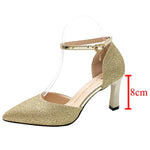 ZOKI Bling Gold Silver Women's Pumps 2024 Sexy Point Toe Thin Heel Party Wedding Shoes Woman Summer Ankle Strap High Heels Shoes