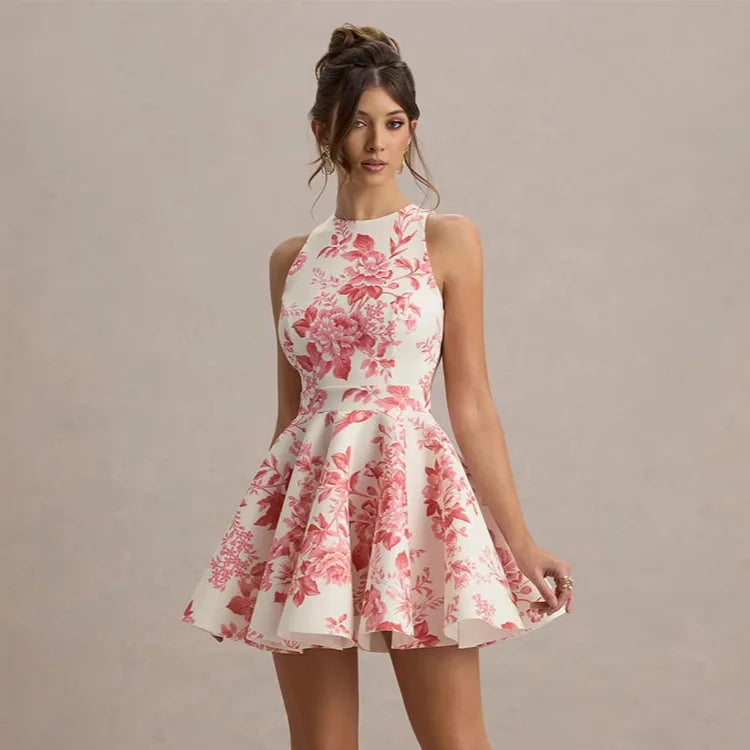 Tank A-Line Mini Dress For Women Fashion Sexy Streetwear Floral Printed Sleeveless Halter Neck Backless Lace-up Vestidos Female