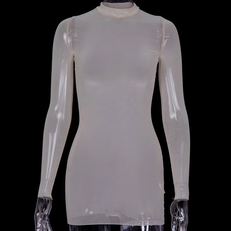 Women Mesh Dress Spring Autumn Sexy Sheer Mesh Long Sleeve Package Hip Sheath Dress Lady Sexy Club Body Wrap Mini Short Vestidos