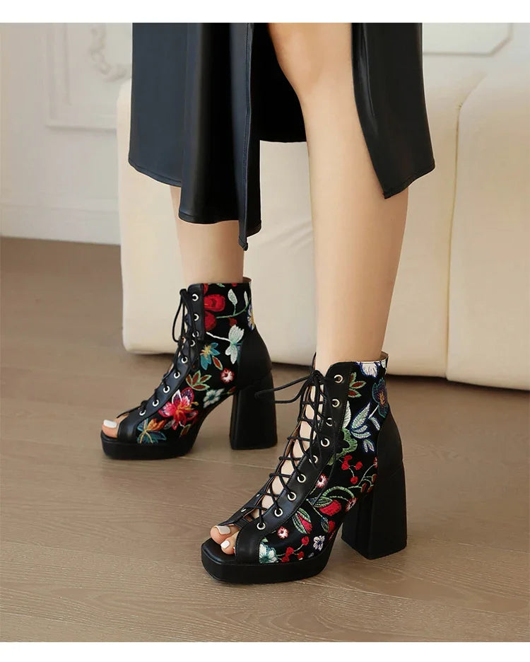 White Floral Embroidered Peep Toe Lace-Up Chunky Block Heel Platform Hollow Out Ankle Sandal Boots for Women
