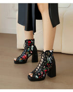White Floral Embroidered Peep Toe Lace-Up Chunky Block Heel Platform Hollow Out Ankle Sandal Boots for Women