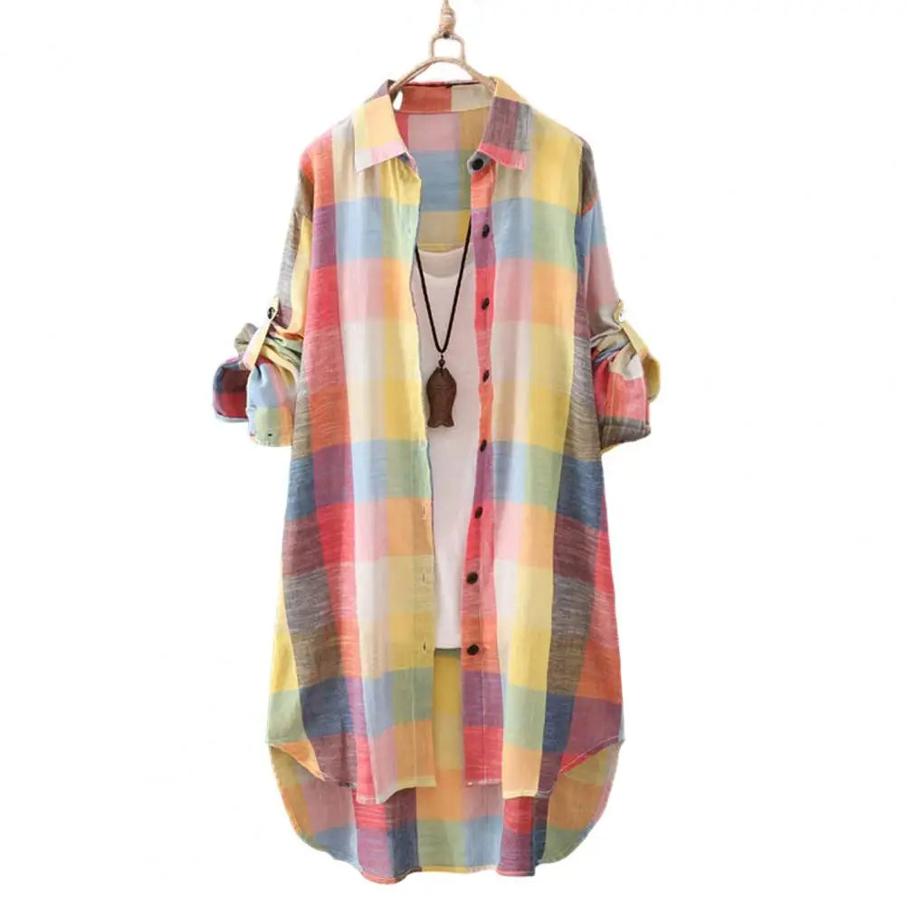 Long Sleeve Lapel Oversized Shirts Women Shirt Plaid Print Irregular Hem Single-breasted Soft Breathable Lady Long Top