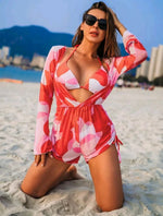 2024 New Swimsuit 3 Pcs Set Thong Bikini with Rompers Womens Jumpsuit Beach Wear Print Swimwear Sexy Bathing Suit Pool Beachwear