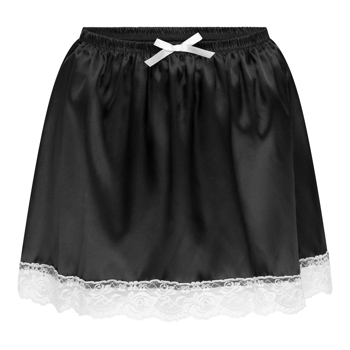Women Summer Satin A-Line Short Skirt Lace Trim Solid Color Bow Puffy Drape Elastic Waistband Mini Skirts