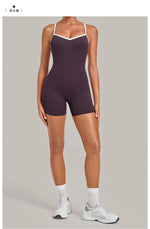 New Tight One-piece Yoga Suit Women Color Contrast Splicing Hollow Back Cross Sports Jumpsuit Outwear Slimming Fitness Bodysuits
