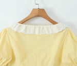 Foridol Gingham Printed Yellow Women Summer Dress Set Lace Top+skirt Sets Vintage French Style Midi Dress Oufits Plaid Vestidos