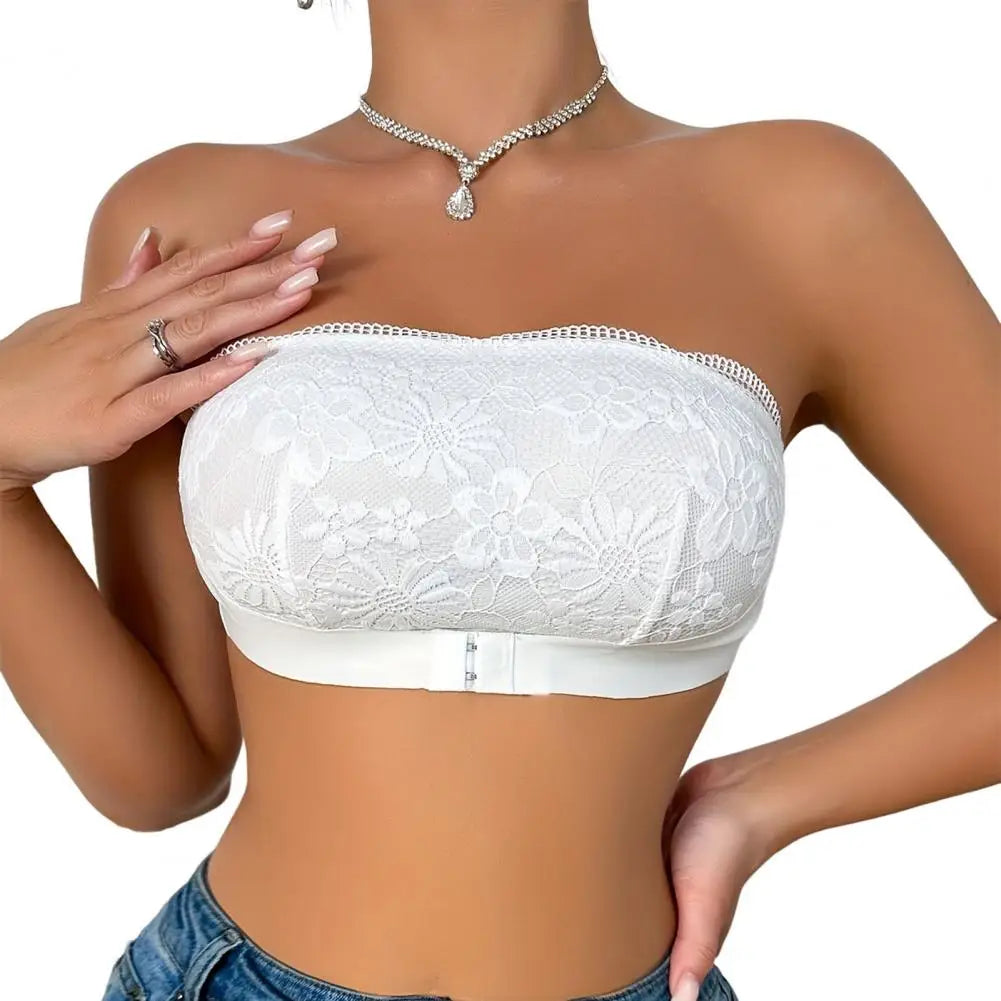 Women's Strapless Bra Floral Lace Front Closure Bra Wireless Full Coverage Tube Top Bandeau No Underwire Seamless Bralette