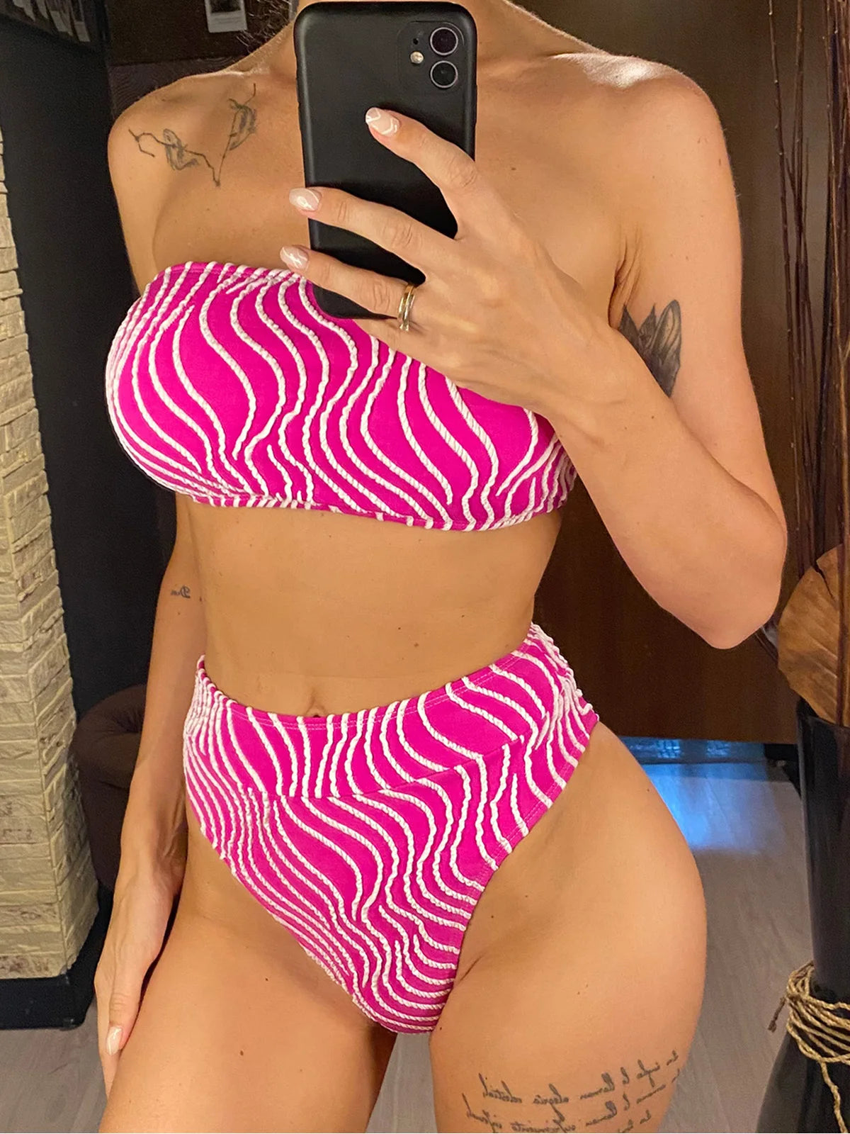 Sexy Wave Striped Bandeau High Waist Bikini Female Swimsuit Women Swimwear Two-Pieces Bikini Set Bather Bathing Suit Swim V5445