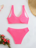 2026 Summer New Women's 2 Piece Swimsuit Solid Color High Waist Bikini Set V-neck Backless Beach Vacation Bathing Suit Swimwear