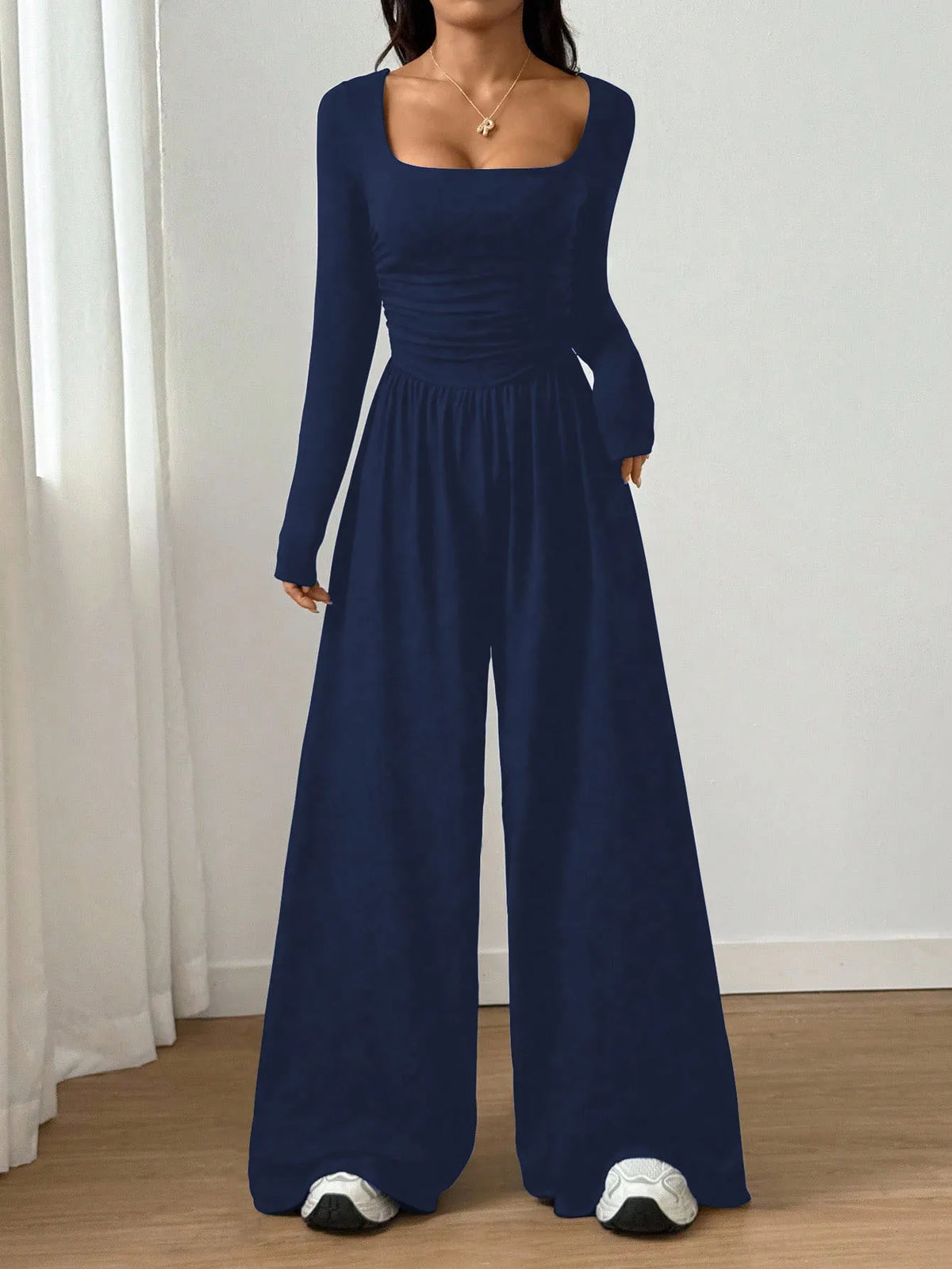 Women's Casual Solid Color Square Neck Long Sleeve A-Line Jumpsuit Pleating Wide Leg Loose Mopping Jumpsuit Spring/Fall 2026