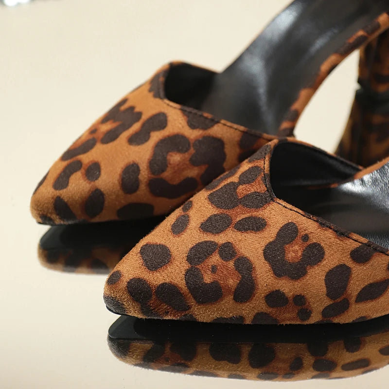 Fashion Leopard Print High Heels Sandals Women 2026 Plus Size 42 Ankle Buckle Pumps Woman Sexy Pointed Toe Party Shoes Ladies