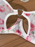 French Romantic Pink Rose Print Sheer Mesh Lingerie Set Heart Cutout Underwire Bra & Thong