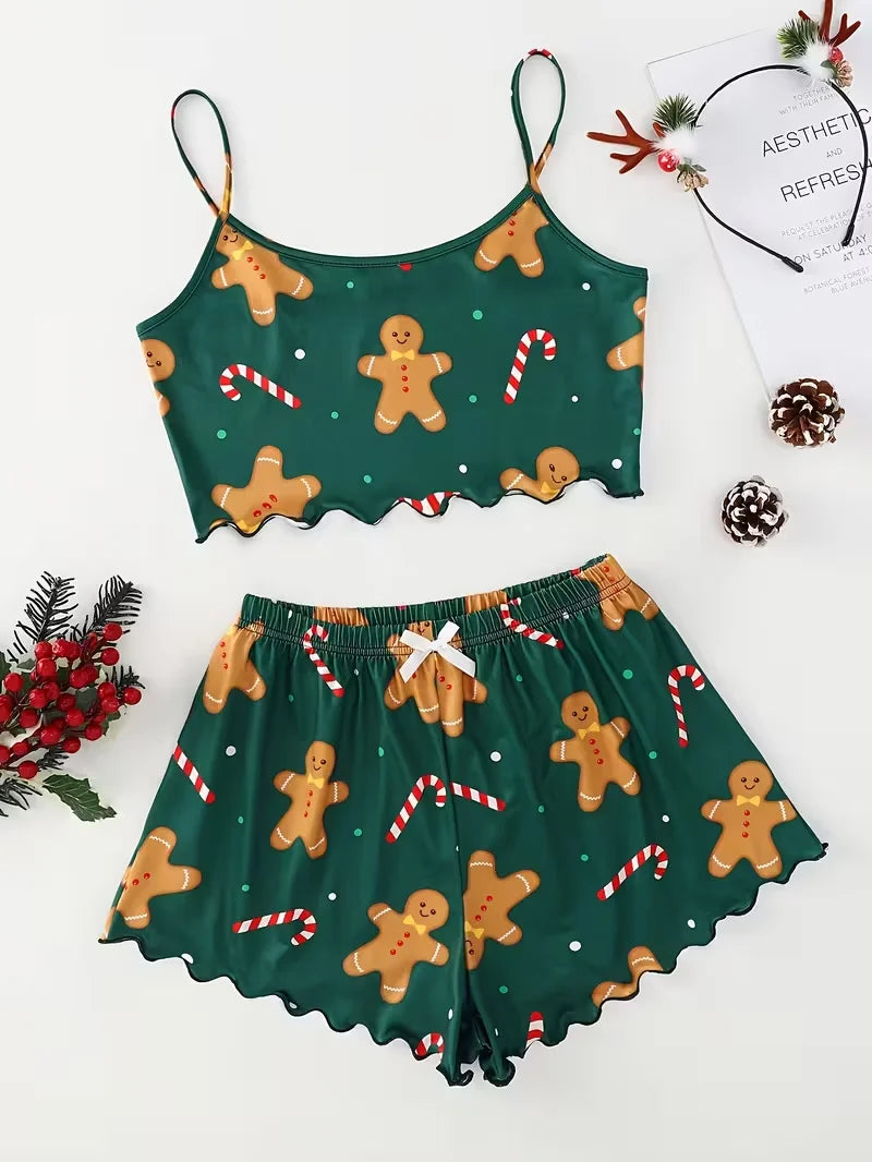 Women's Sleepwear Soft Christmas Cute Gingerbread Print Festival Atmosphere 2 Pieces Crop Tops and Shorts Pajama Set