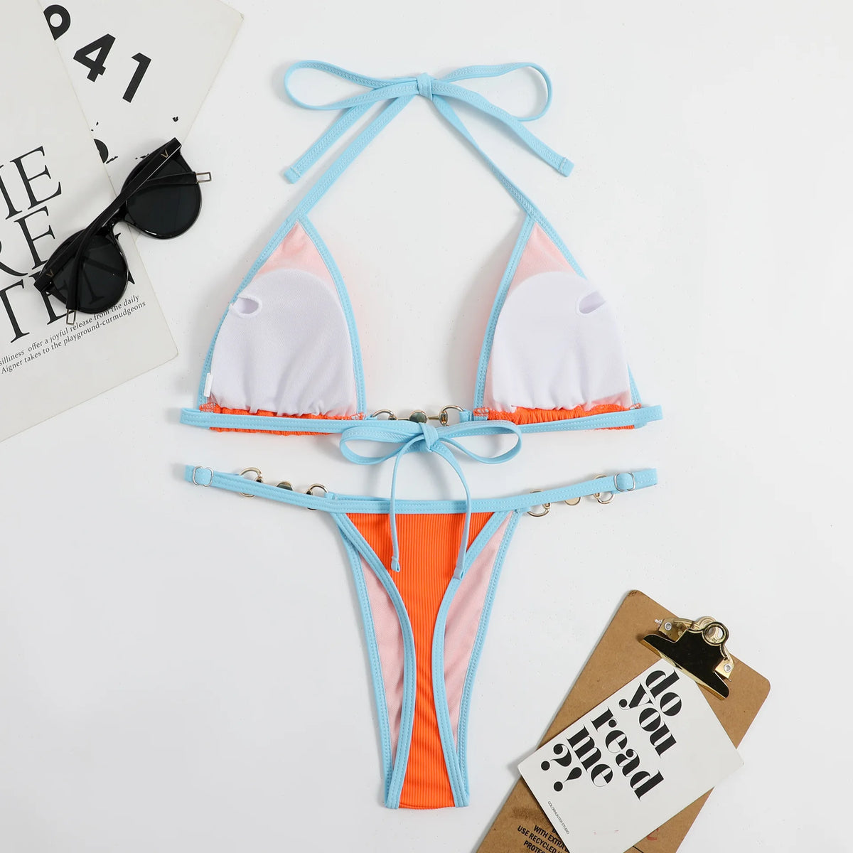New Micro Bikini Set for Woman Chain Link Swimsuit Sexy Backless Neck Lace-up Bathing Suit Beachwear Female Push Up Swimwear
