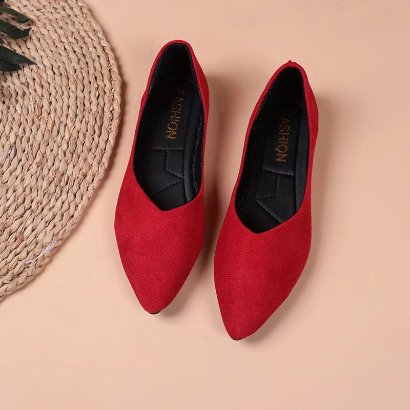 Women Suede Pointed Toe Flat Shoes V‑Cut Slip On Soft Sole Large Size Multi‑Color Casual Comfort Dress Daily Office Ballet Flats