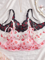 3Pcs/Set Sexy Lip Print Women's Underwear Set Hollow-out Lace Unlined Bra Underwire Push Up Bra Sexy Lingerie Set XS-XL
