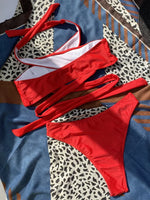 Halter Cross Bandage High Cut Bikini Female Swimsuit Women Swimwear Two-pieces Bikini Set Hollow Out Bather Bathing Suit Swim