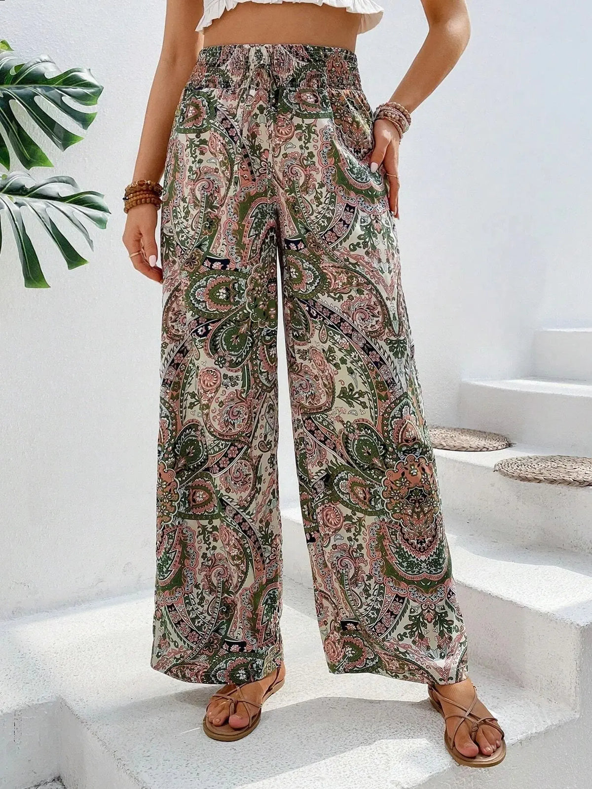 Women's 2026 Summer Versatile Printed Elastic Waist Wide Leg Pants