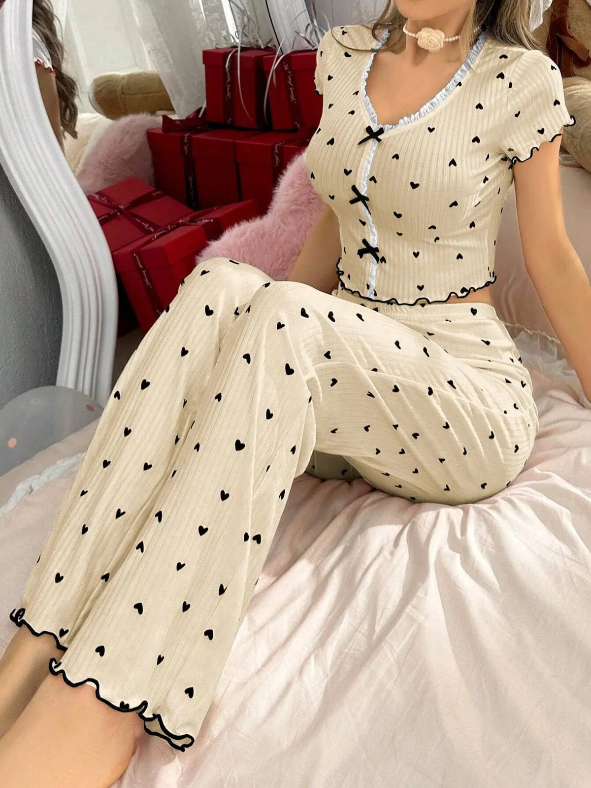 Spring Autumn Coquette Pajama Set Women Sexy Heart Print Ruffle Trim Crop Top Pants 2 Piece Y2K Aesthetic Loungewear Sleepwear