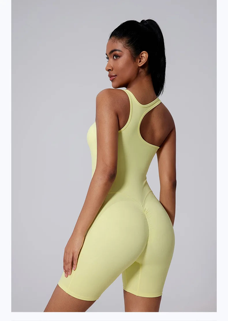 Sexy Fitness Yoga Jumpsuit Women Sleeveless Slim Playsuit Pleated Hollow Running Scrunch Shorts Romper One Piece Sports Suit