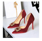Women 10cm Super High Heels Pointed Toe Side Hollow Work Pumps Metal Crystal Buckle Velvet Stiletto Fashion Banquet Lady Shoes
