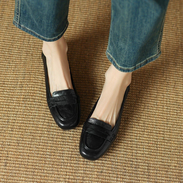 Women Penny Loafer Flats Soft Wrinkled Faux Leather Slip On Square Toe Low Heel Casual Office Daily Shoes