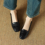 Women Penny Loafer Flats Soft Wrinkled Faux Leather Slip On Square Toe Low Heel Casual Office Daily Shoes