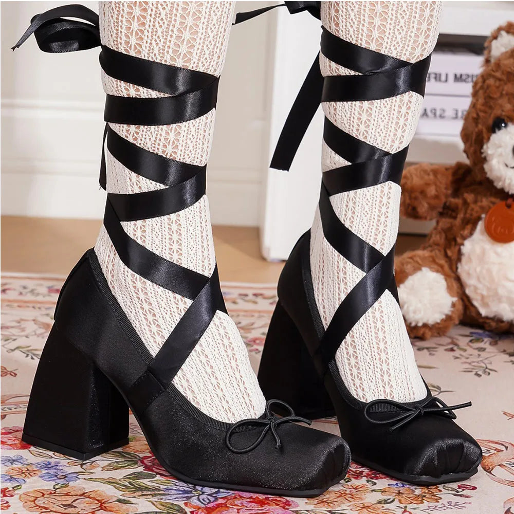 2026 Big Size 43 Cute Red Lolita Ankle Wrap Pumps Sweet 9cm Square High Heels Gothic Cosplay Ballet Style Mary Janes Shoes Women