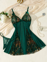 Pure Desire Style Green Lace Nightgown Set–See-Through Mesh, Spaghetti Strap,Backless Design,Romantic Sleepwear for Her ZA824071