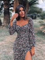 Vintage Floral Print Bohemian Long Dress Women Summer Spring Lantern Sleeve Chiffon Boho Beach Slit Dress Casual Dress Autumn