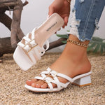 Gladiator Slippers Women Calfskin Square Toe Cross-tied Woven Buckle Strap Solid Color Flats Summer Female Shoes