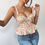 Spring Summer Lace Up Pink Floral Print Fishbone Corset with Folded Waist Ruffled Edges Cotton Suspender Vest for Women 2026
