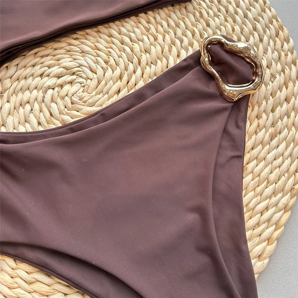 Dark Brown One Shoulder Solid Swimwears Sexy Swimsuit Women One Piece 2026 Hollow Out Monokini Metal Ring Bathing Suit Bodysuit