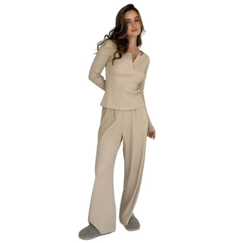 2026 Women's Autumn New V Neck Long Sleeve Pants Pajama Set Ribbed Texture Women's Slim Fit Pajama Loungewear Pyjamas Women