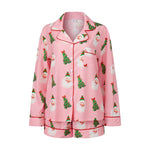 Women's Christmas Two Pieces Pajama Set Long Sleeve Lapel Santa Claus/Christmas Tree Print Shirt Shorts Loose Sleepwear