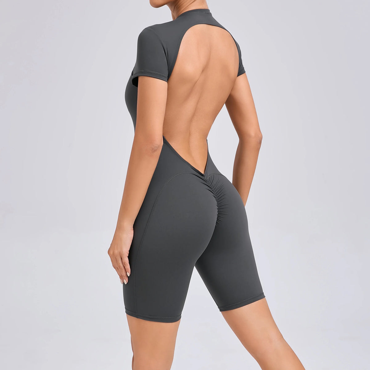 Padded Backless Yoga Cycling jumpsuitWomen Zipper GYM Sportswear Fitness One Piece Sports Suit V Back Workout Playsuit