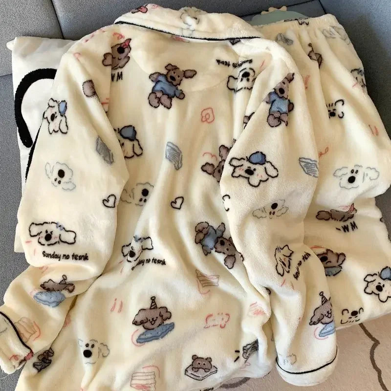 Plus Size Fluffy Winter Pajamas Women's Home Clothes Set Thickened Warmth Sleepwear with Running Dogs Design Cozy Indoor Suit