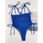 Wrinkled V Neck Lace Up Strappy Women Swimwear One Piece Swimsuit Female High Leg Cut Monokini Bather Bathing Suit Swim V4736