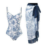 2 Pieces Retro Printed Swimsuit With Cover Up Sexy Women Swimwear 2025 V Neck Bikinis Female Biquini 3XL Bodysuit Beachwear