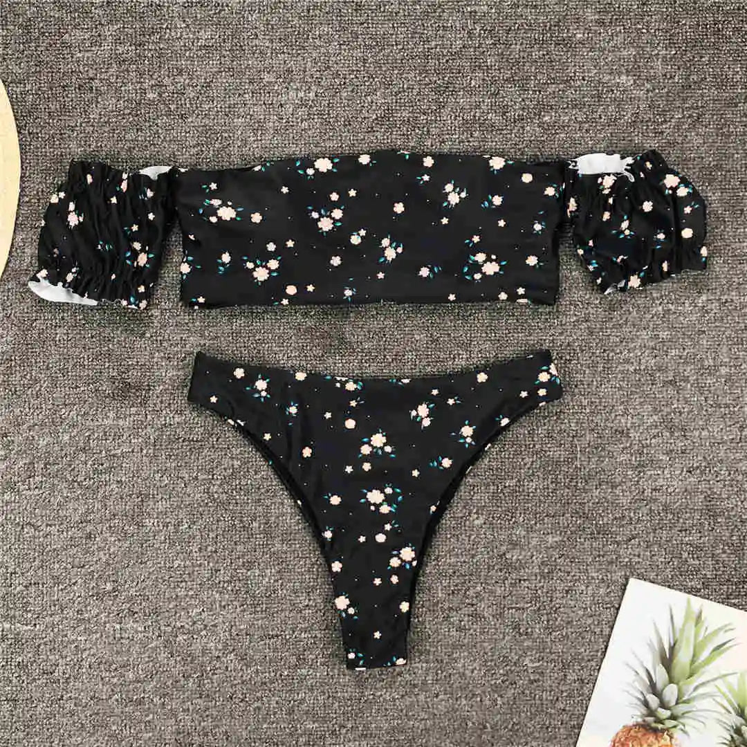 2026 Floral Off Shoulder Bikini Female Swimsuit Women Swimwear Two-Pieces Bikini Set Mid Waist Bather Bathing Suit Swim V1671
