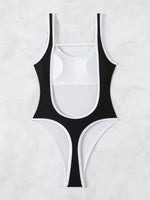 Sexy Black Patchwork One Piece Swimsuit Women Hollow Out Backless Slim Thong Swimwear 2025 Beach Bathing Suit Holiday Monokini