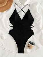 Ribbed V Neck Cross Backless Female Swimwear One Piece Swimsuit Women High Cut Leg Monokini Bather Bathing Suit Swim Beach Wear