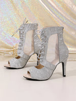 Silver Glitter Mesh Lace Up Summer Ankle Boots Women Peep Toe Zipper 10cm Stiletto High Heel Club Prom Dance Party Shoes Size 43
