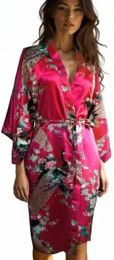 Lace Up Woman Peacock Print Japanese Kimono Yukata Silk Satin Short Style Sleepwear Home Nightgown Bath Robe Costume