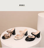 Fashion Leopard Print Square Heel Slippers Summer New Square Toe Metal Buckle Non-slip Wear-resistant Kitten Heel Shoes